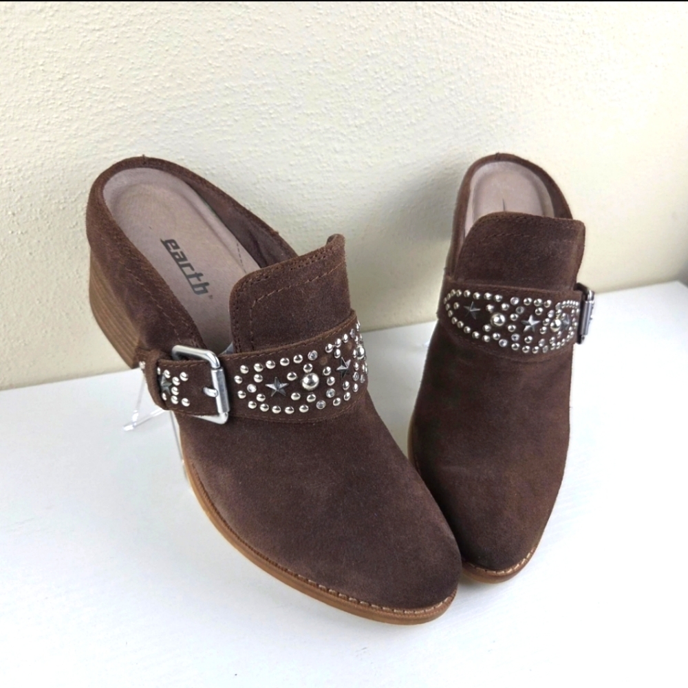 Earth Denton Star Studded Brown Suede Leather Mules‎ Women's Size 7B